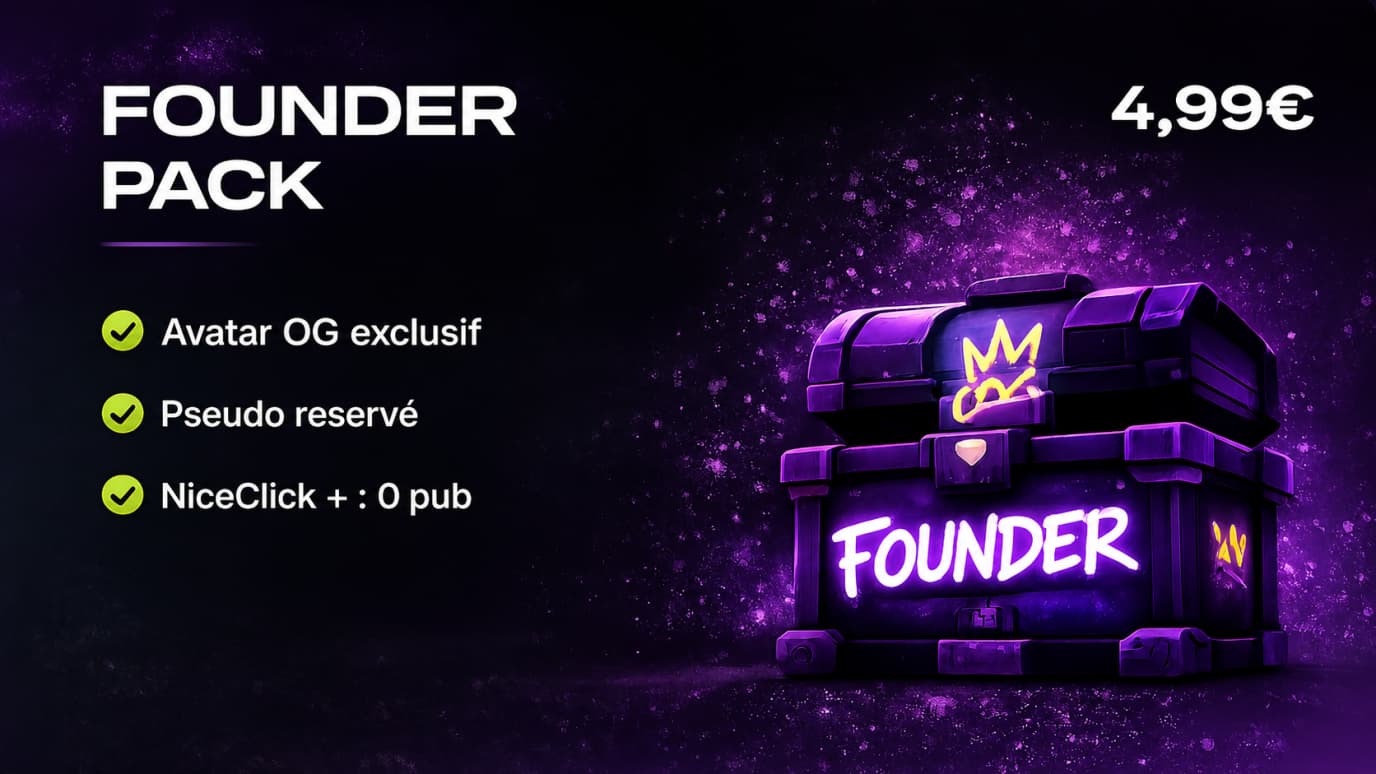 Founder Pack à 4,99€ : avatar OG exclusif, pseudo réservé et NiceClick+ sans pub